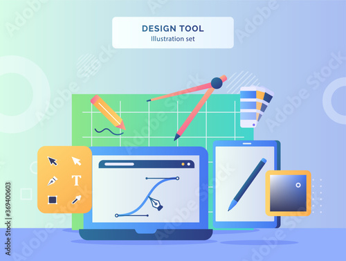 Design tool illustration set line pen tool on display monitor laptop background of compass drawn pencil pallet color toolbar tablet with flat style.