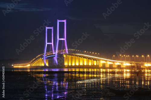 Night light, Suramadu bridge in Indonesia connects Java Island and Madura Island in Surabaya, East Java, Indonesia