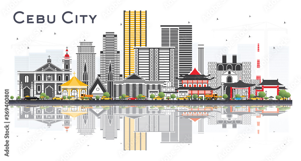 Cebu City Philippines Skyline with Gray Buildings and Reflections Isolated on White.