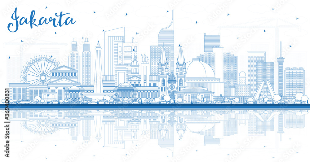 Outline Jakarta Indonesia City Skyline with Blue Buildings and Reflections.