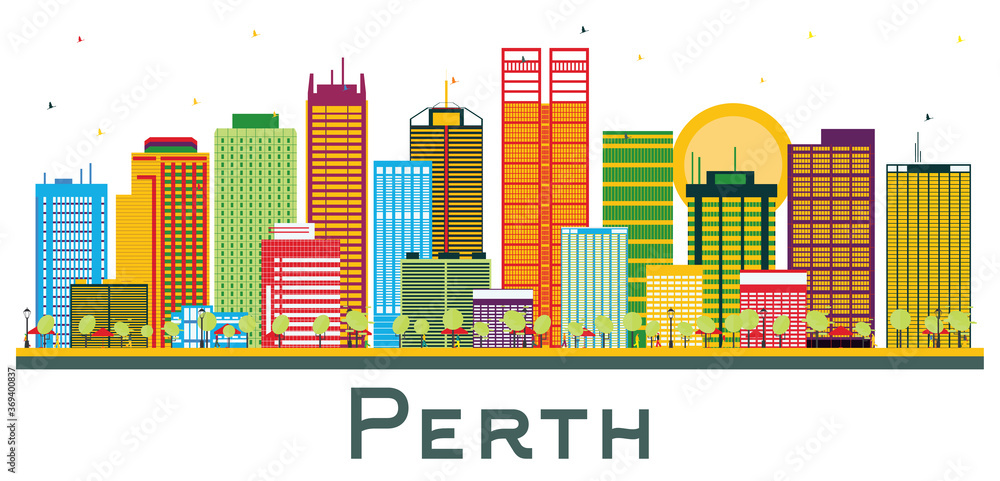 Perth Australia City Skyline with Color Buildings Isolated on White. Perth Australia City Skyline with Color Buildings Isolated on White.