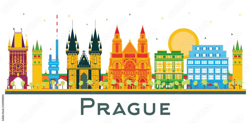 Prague Czech Republic City Skyline with Color Buildings Isolated on White.