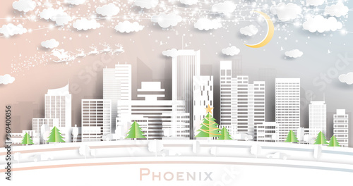 Phoenix Arizona City Skyline in Paper Cut Style with Snowflakes, Moon and Neon Garland.