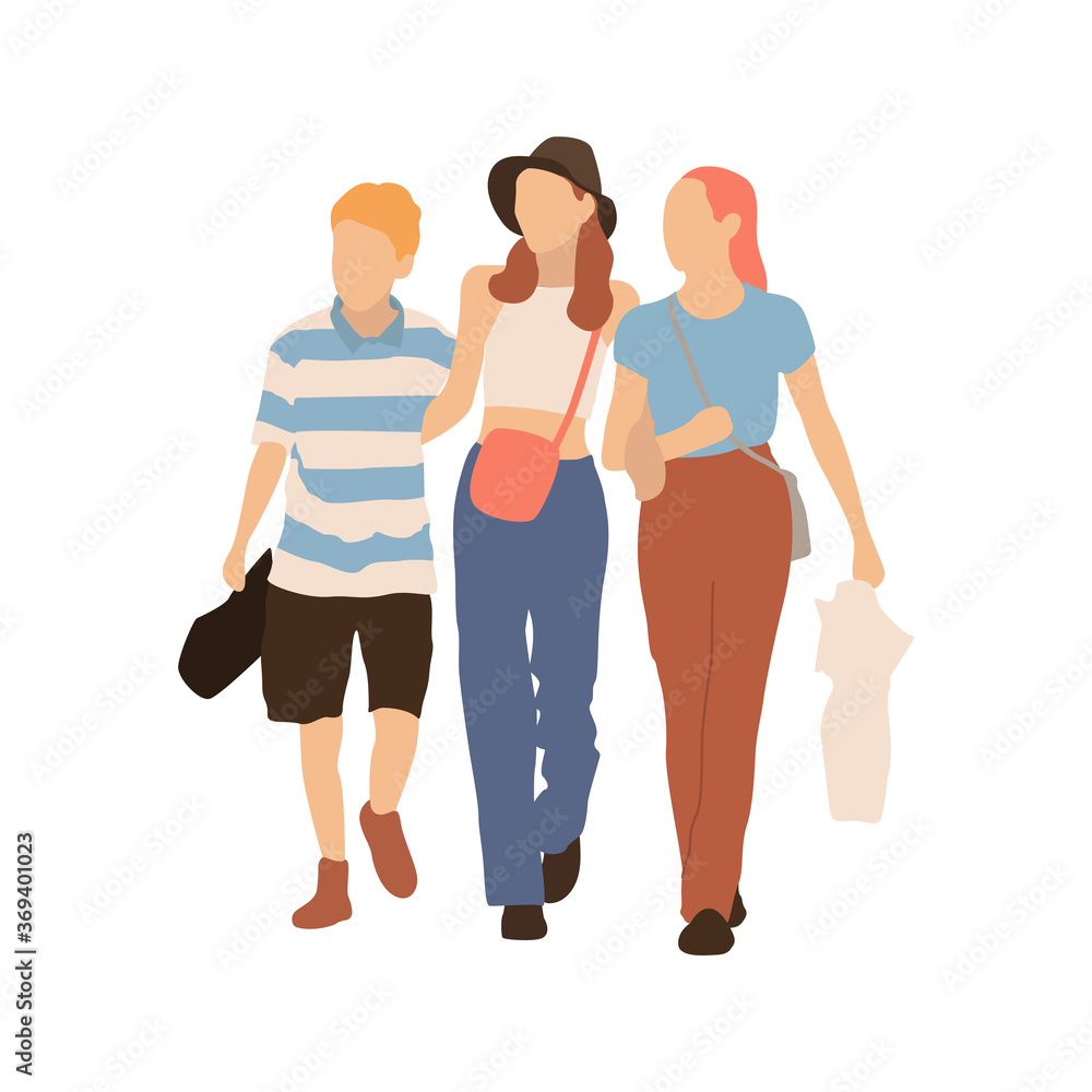 Obraz premium Young boy and girls walking together. Vector flat illustration