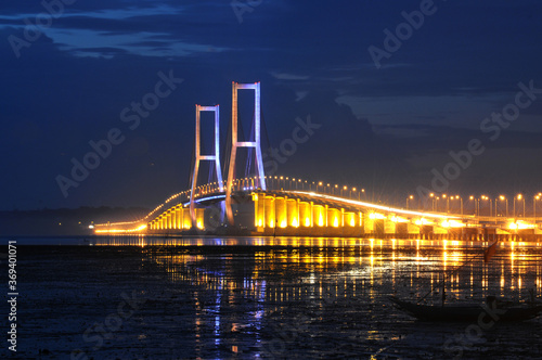 Night light, Suramadu bridge in Indonesia connects Java Island and Madura Island in Surabaya, East Java, Indonesia