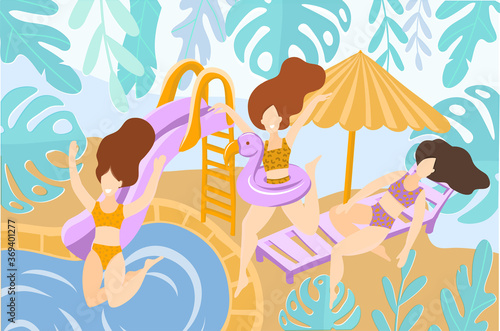 Vector illustration three girls in bikinis are resting and sunbathing on the beach. They jump into the pool, sunbathe on a sun lounger. For social networks, banner, summer sale promotions, spa hotel