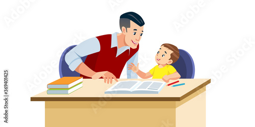 Father helps his son to do homework in school. He suggests how to do it right. They are in a good mood. Best Dad help baby to study. Isolated vector illustration in cartoon style.