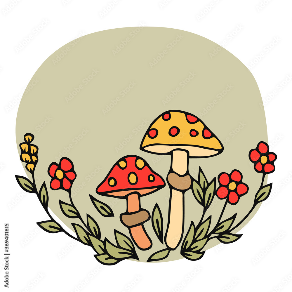 Hand drawn trendy forest background in a flat style. Seamless chamomile and mushrooms pattern. Herbs and flowers vector floral autumn design. Hand drawn trendy forest background in a flat style. Seamless chamomile and mushrooms pattern. Herbs and flowers vector floral autumn design.