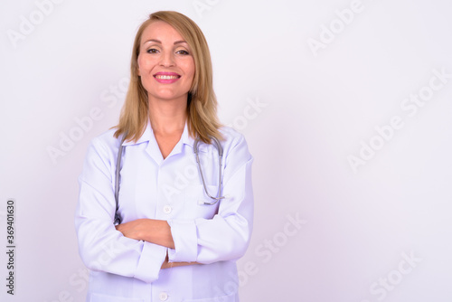 Portrait of happy beautiful woman doctor with blond hair
