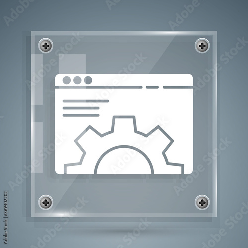 White Browser setting icon isolated on grey background. Adjusting, service, maintenance, repair, fixing. Square glass panels. Vector Illustration.