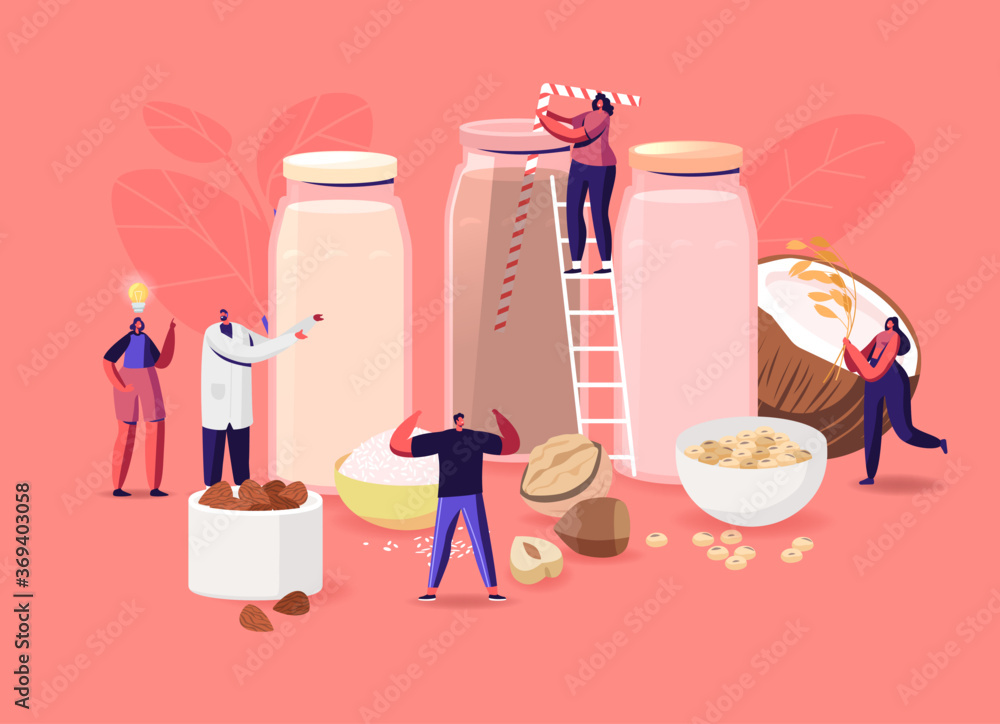 Vegan Milk. Tiny Male and Female Characters with Assortment of Organic Non Dairy Drinks from Nuts, Oatmeal, Rice and Soy - obrazy, fototapety, plakaty 