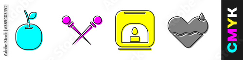 Set Apple, Knitting needles, Aroma lamp and Heart heal icon. Vector.