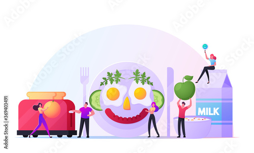 Fun Breakfast. Male and Female Characters Cooking Funny Meal Look Like Smiling Human Face made of Fried Eggs and Sausage