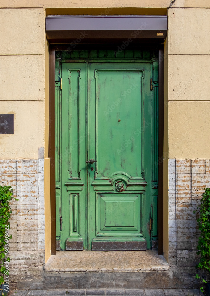 Antique wooden door with decorative elements. Vertical orientation, selective focus, front view. Horizontal orientation, selective focus