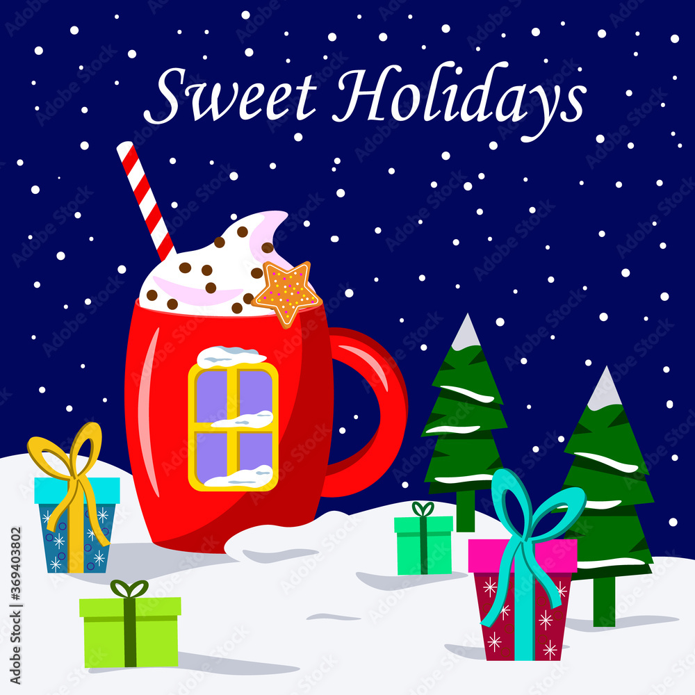 Fototapeta premium Christmas card. Mug with cocoa, snow, Christmas tree and gifts. Vector illustration on a blue background