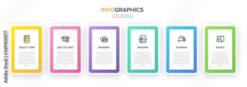 Concept of shopping process with 6 successive steps. Six colorful graphic elements. Timeline design for brochure, presentation, web site. Infographic design layout.