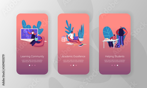 Online School Education Mobile App Page Onboard Screen Template. Kids Characters Quarantine Distant Studying at Home