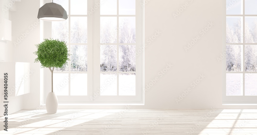 Fototapeta premium White stylish empty room with winter landscape in window. Scandinavian interior design. 3D illustration