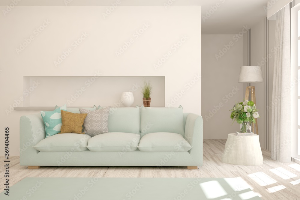 White stylish minimalist room with sofa. Scandinavian interior design. 3D illustration White stylish minimalist room with sofa. Scandinavian interior design. 3D illustration