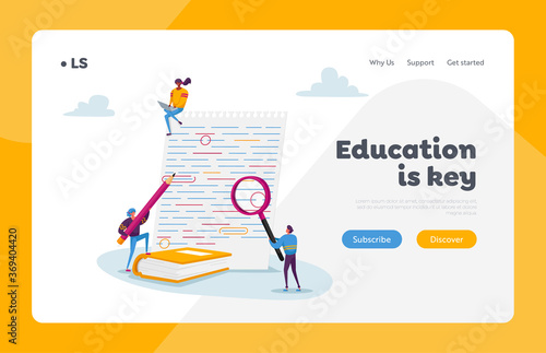 Teacher or Student Fix Grammar, Punctuation Landing Page Template. Tiny Characters Edit, Correct Mistakes in Paper Test
