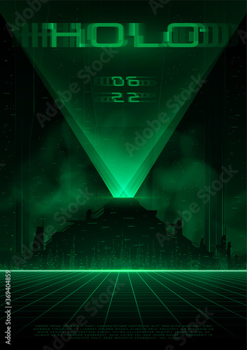 Cyberpunk futuristic poster with night city skyscrapers with big hologram. Synthwave sci-fi template for music events. Design for flyer, cover, web. Vector.