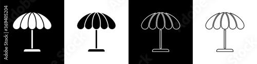 Set Sun protective umbrella for beach icon isolated on black and white background. Large parasol for outdoor space. Beach umbrella. Vector Illustration.