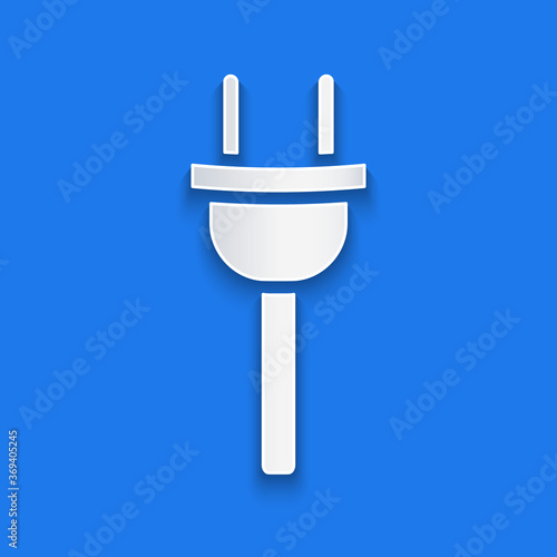 Paper cut Electric plug icon isolated on blue background. Concept of connection and disconnection of the electricity. Paper art style. Vector Illustration.