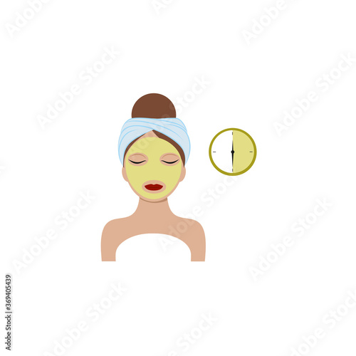 A beautiful girl with closed eyes put a green cucumber mask made of green tea to her face and timed it. Vector flat cartoon illustration for beauty salon, cosmetology, Spa, cosmetics