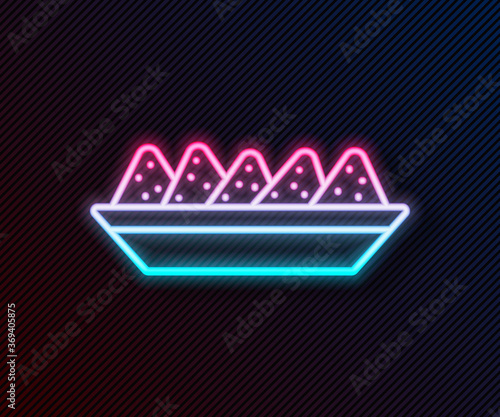 Glowing neon line Nachos in plate icon isolated on black background. Tortilla chips or nachos tortillas. Traditional mexican fast food menu. Vector Illustration.