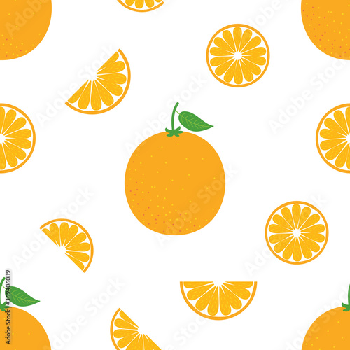 Vector seamless pattern background with orange fruits and slices of orange. 