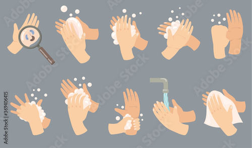 Hand hygiene guide set. Steps of arm washing process, wrists with soap, foam, tap with flowing water, drying with towel. For hospital WC or medical infographics, health care, infection concept