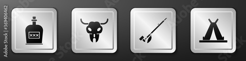 Set Alcohol drink Rum bottle, Buffalo skull, Native American indian smoking pipe and Indian teepee or wigwam icon. Silver square button. Vector.
