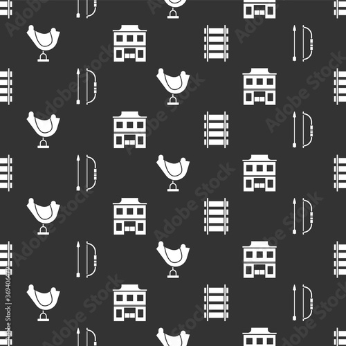 Set Railway, railroad track, Bow and arrow in quiver, Wild west saddle and Wild west saloon on seamless pattern. Vector.