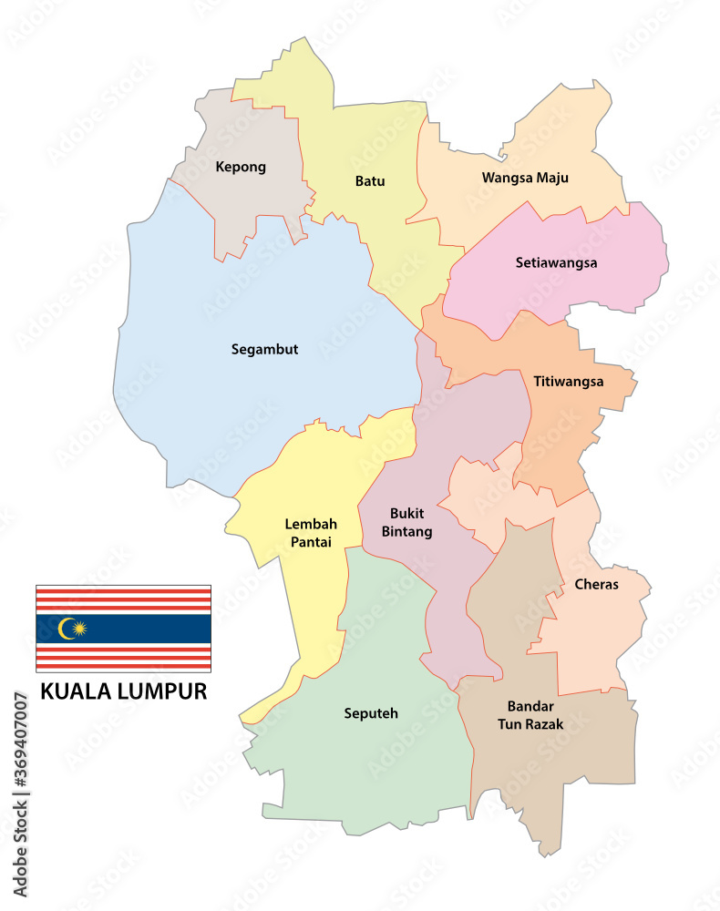 Administrative vector map of the Malaysian capital Kuala Lumpur with flag