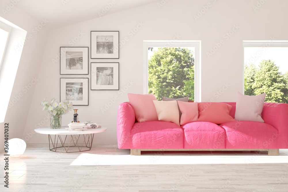 White stylish minimalist room with coral sofa and summer landscape in window. Scandinavian interior design. 3D illustration White stylish minimalist room with coral sofa and summer landscape in window. Scandinavian interior design. 3D illustration