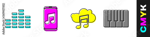 Set Music equalizer, Music player, Music streaming service and Music synthesizer icon. Vector.