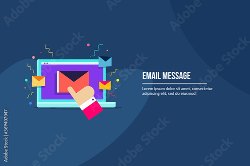 Hand clicking on email message, subscribe to newsletter. Concept of email marketing and customer interacting with business email. Email notification on laptop. Web banner template with text.