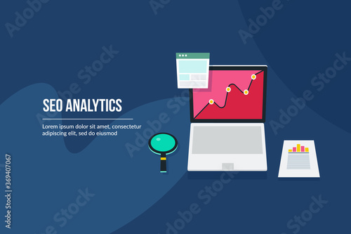 Business intelligence and seo analytics data. Website traffic and sales conversion report on laptop. Magnifying glass and business planning. Web banner template, internet and marketing technology.