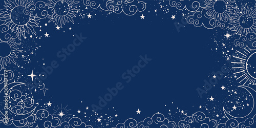 Blue space background with sun, moon and stars with place for text. Magic banner with copy space. Blank for astrology, fortune telling, boho parties. Vector illustration