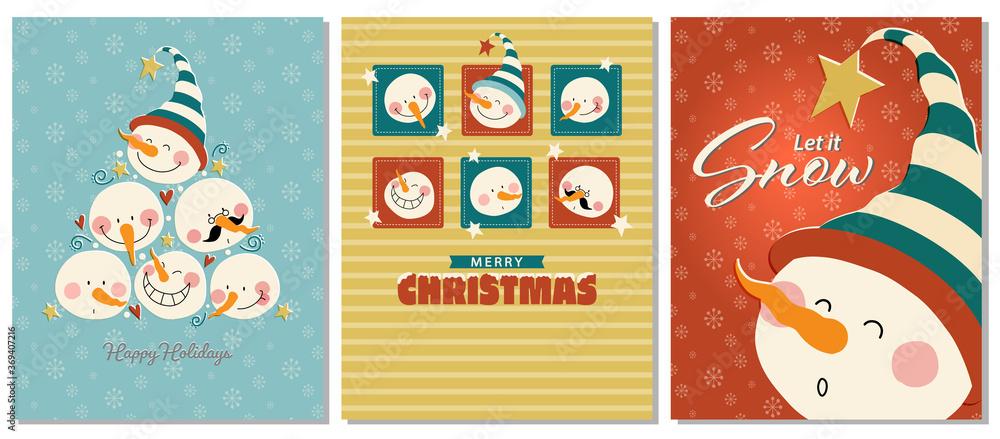 Collection of winter holiday card designs with cute and funny snowman faces.