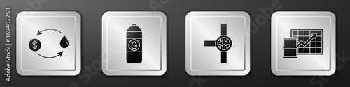 Set Oil exchange, Canister for motor machine oil, Industry pipes and valve and Oil price increase icon. Silver square button. Vector.