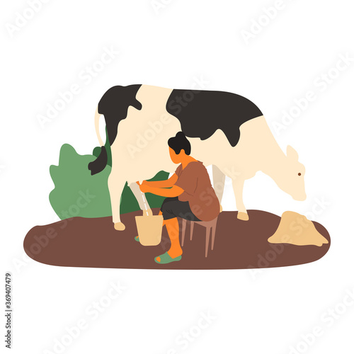 Young woman farmer milking cow. Vector isolated flat illustration