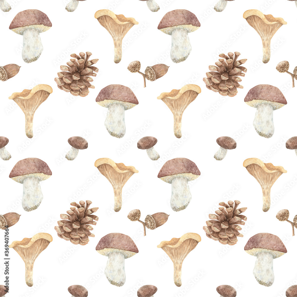 Naklejka Light hand-drawn pattern with forest botany. Watercolor seamless background with chanterelle, porcini, pine cones, acorns for decoration, covers, books, fabrics, textiles, packaging, prints.