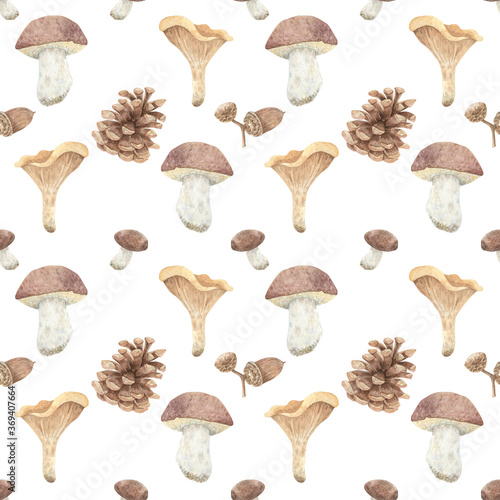 Light hand-drawn pattern with forest botany. Watercolor seamless background with chanterelle, porcini, pine cones, acorns for decoration, covers, books, fabrics, textiles, packaging, prints.
