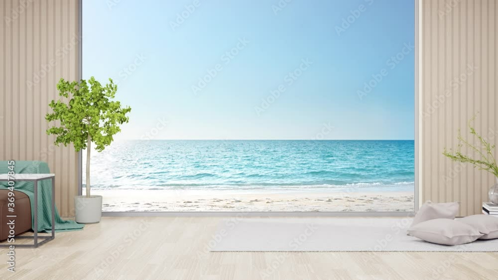 Carpet on parquet floor of bright living room in modern beach house or luxury hotel. Minimal home interior 3d rendering with sea view.