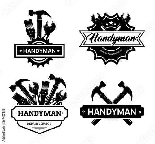 Different handyman logo flat icon set. Black vintage service badges with wrench and hammer for mechanic worker vector illustration collection. Construction and maintenance concept photo