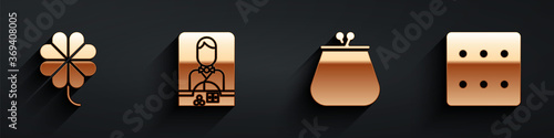 Set Casino slot machine with clover, Casino dealer, Wallet and Game dice icon with long shadow. Vector.