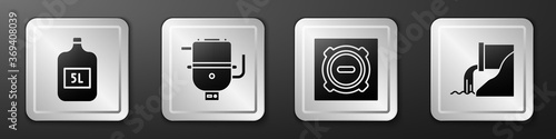 Set Big bottle with clean water, Electric boiler for heating water, Manhole sewer cover and Wastewater icon. Silver square button. Vector.