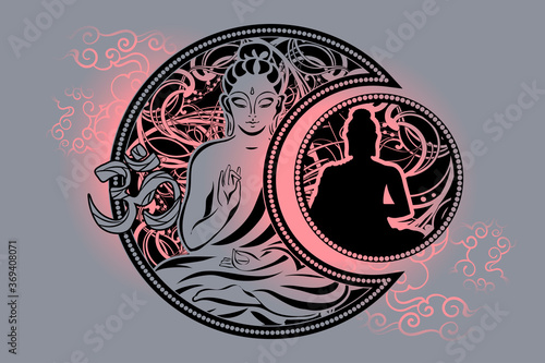 Stylish image of Lord Buddha in the style of Boho Chic. The combination of spirituality and esotericism with ethnic elements and occult symbols - the Crescent And the Sun