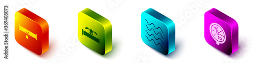 Set Isometric Broken pipe with leaking water, Industry pipe and valve, Wave and Water meter icon. Vector.